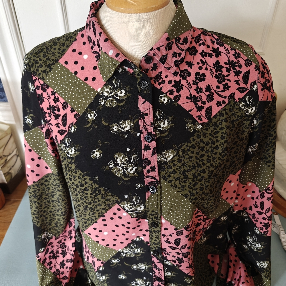 Patchwork printed blouse - Size 12 (UK) 14 (US); 90s Y2K, sheer